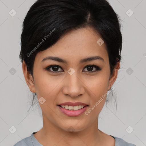 Joyful asian young-adult female with medium  black hair and brown eyes