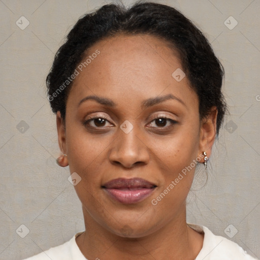 Joyful latino adult female with short  brown hair and brown eyes