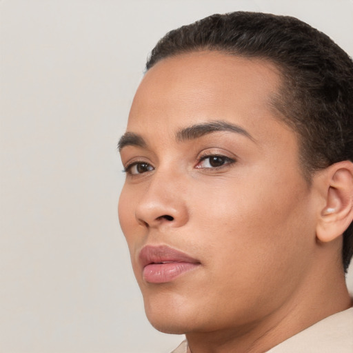 Neutral white young-adult female with short  brown hair and brown eyes