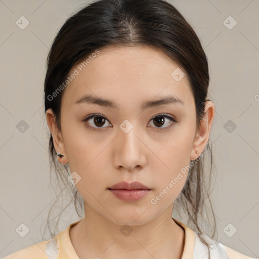 Neutral white young-adult female with medium  brown hair and brown eyes