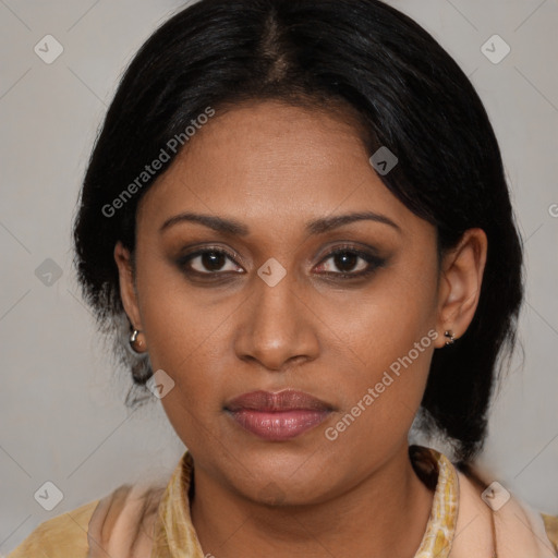 Joyful latino young-adult female with medium  brown hair and brown eyes