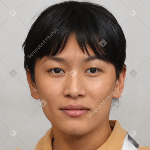 Neutral asian young-adult female with medium  brown hair and brown eyes