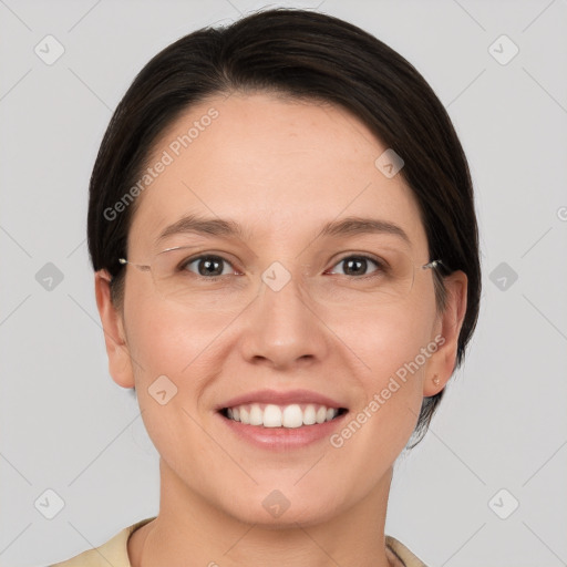 Joyful white young-adult female with medium  brown hair and grey eyes