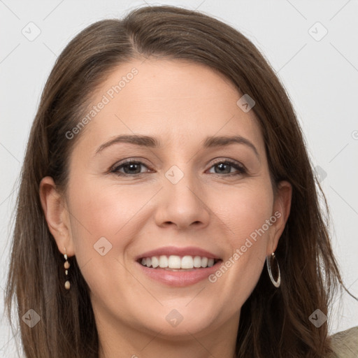 Joyful white young-adult female with long  brown hair and grey eyes