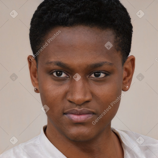 Neutral black young-adult female with short  brown hair and brown eyes