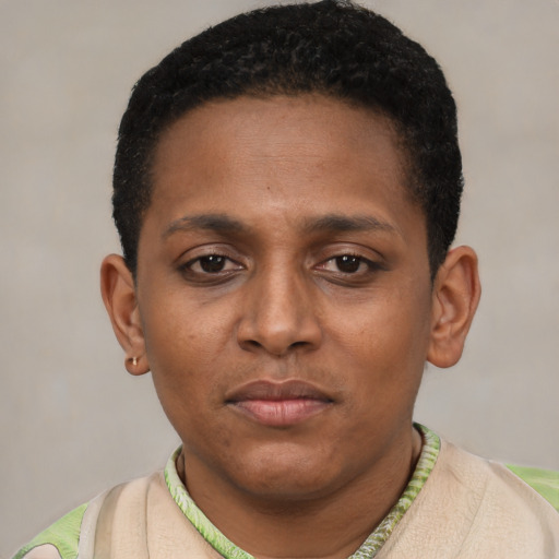 Neutral black young-adult male with short  black hair and brown eyes