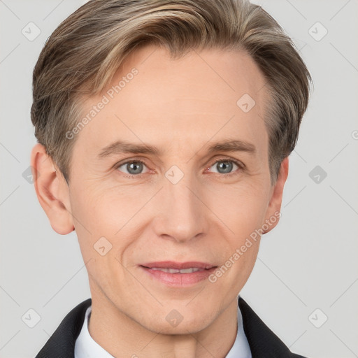 Joyful white adult male with short  brown hair and grey eyes