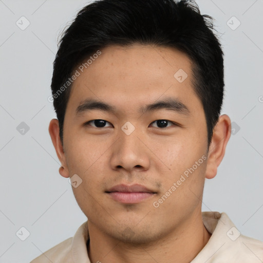 Neutral asian young-adult male with short  brown hair and brown eyes