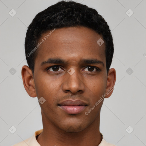 Neutral latino young-adult male with short  black hair and brown eyes