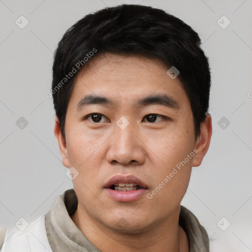 Neutral asian young-adult male with short  black hair and brown eyes
