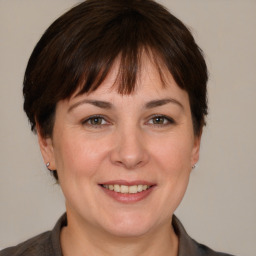 Joyful white adult female with medium  brown hair and brown eyes