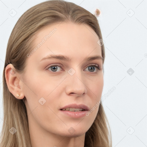 Neutral white young-adult female with long  brown hair and grey eyes