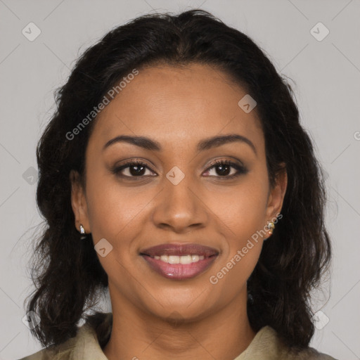 Joyful latino young-adult female with medium  brown hair and brown eyes