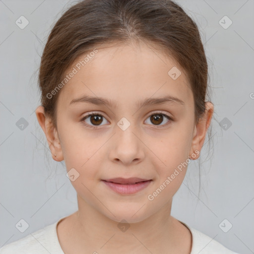 Joyful white child female with medium  brown hair and brown eyes