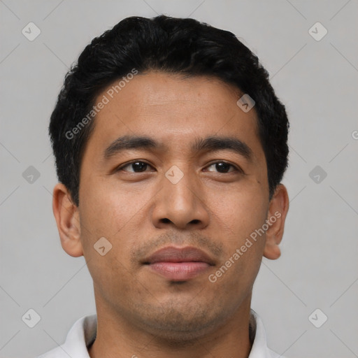 Neutral asian young-adult male with short  black hair and brown eyes