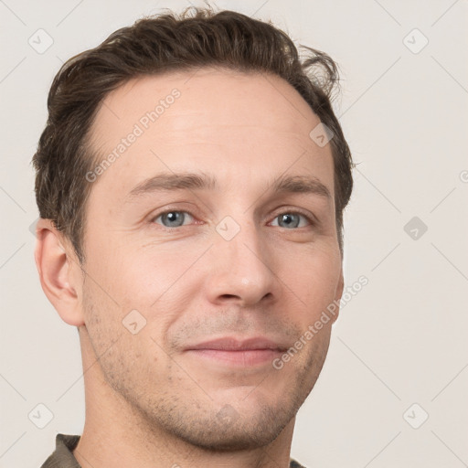 Neutral white young-adult male with short  brown hair and grey eyes