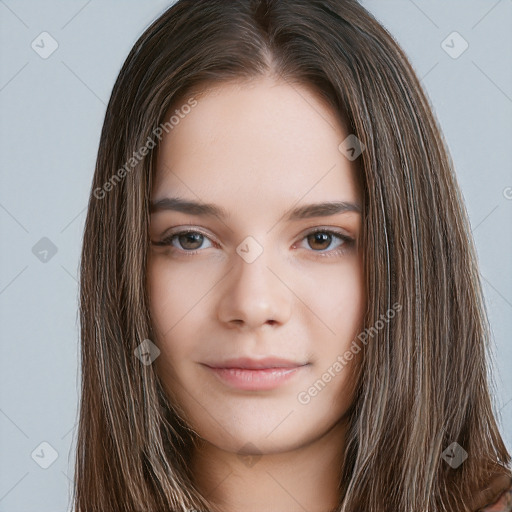 Neutral white young-adult female with long  brown hair and brown eyes