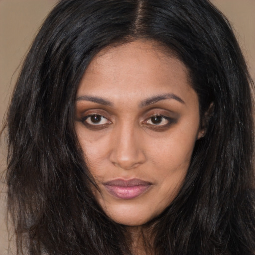 Neutral asian young-adult female with long  brown hair and brown eyes