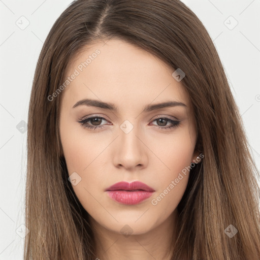 Neutral white young-adult female with long  brown hair and brown eyes