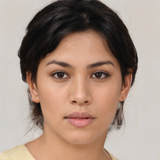 Neutral asian young-adult female with medium  brown hair and brown eyes