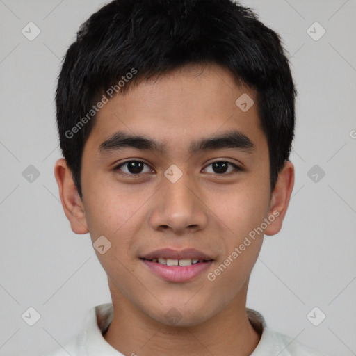 Joyful asian young-adult male with short  black hair and brown eyes