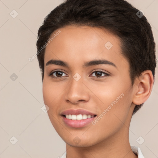 Joyful white young-adult female with short  brown hair and brown eyes