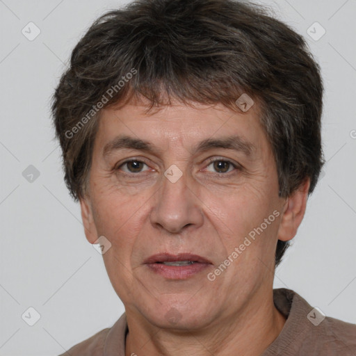 Joyful white middle-aged male with short  brown hair and brown eyes