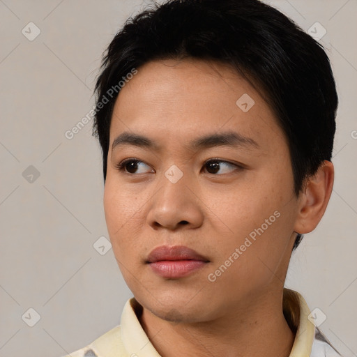 Neutral white young-adult male with short  black hair and brown eyes