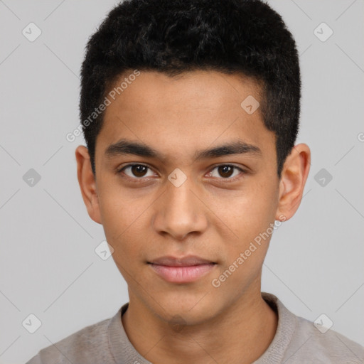 Neutral latino young-adult male with short  black hair and brown eyes