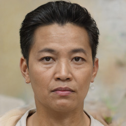 Neutral asian adult male with short  brown hair and brown eyes