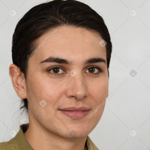 Joyful white young-adult female with short  brown hair and brown eyes