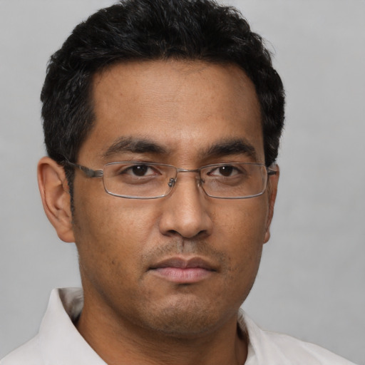 Neutral asian adult male with short  brown hair and brown eyes