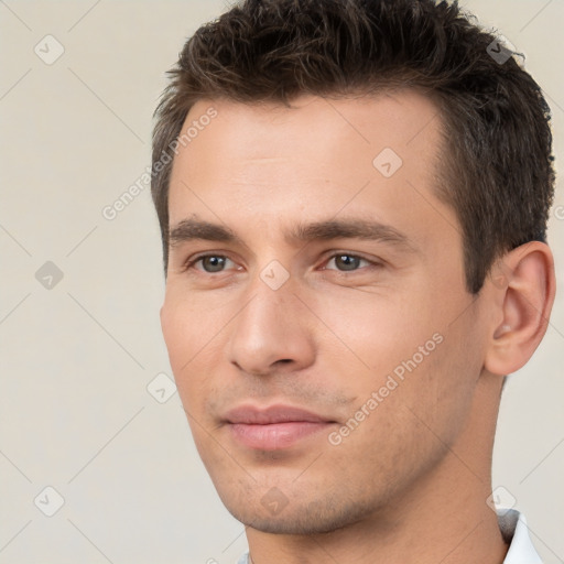 Neutral white young-adult male with short  brown hair and brown eyes