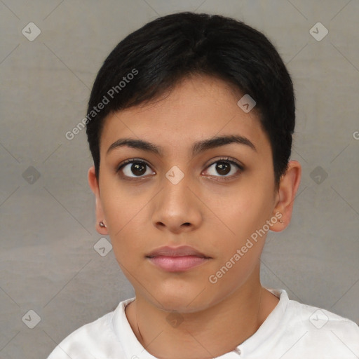 Neutral latino young-adult female with short  black hair and brown eyes