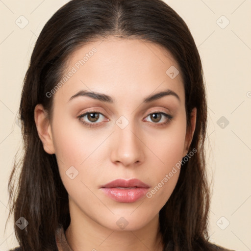 Neutral white young-adult female with long  brown hair and brown eyes