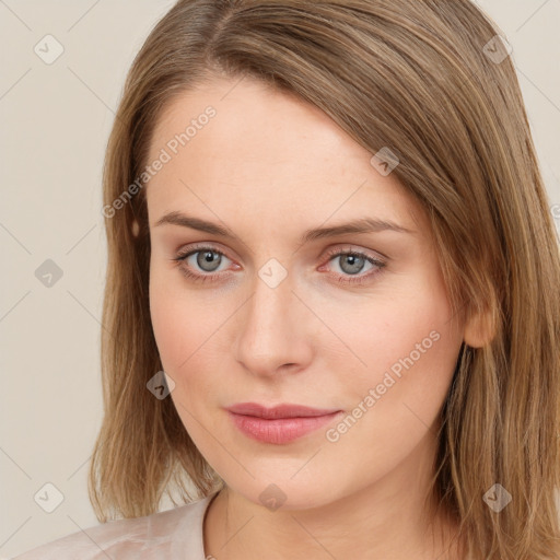 Neutral white young-adult female with long  brown hair and grey eyes