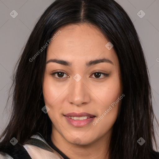 Joyful asian young-adult female with long  brown hair and brown eyes