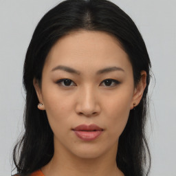 Neutral asian young-adult female with long  black hair and brown eyes