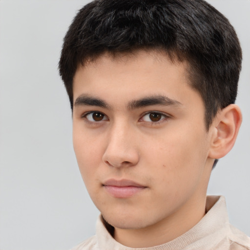 Neutral asian young-adult male with short  brown hair and brown eyes