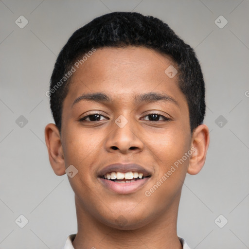 Joyful latino young-adult male with short  brown hair and brown eyes