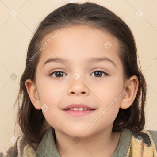 Joyful white child female with medium  brown hair and brown eyes