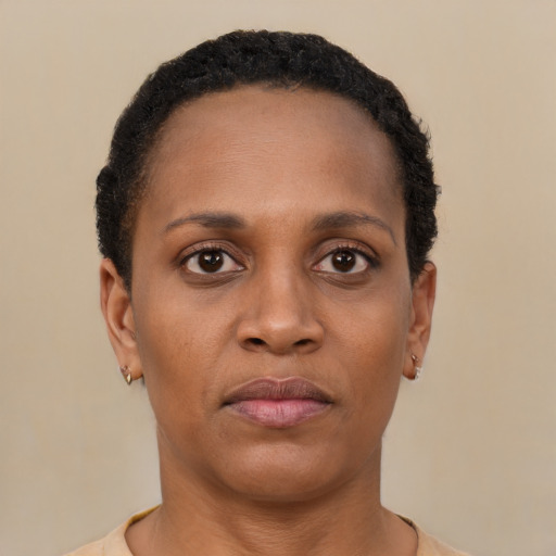 Neutral black young-adult female with short  black hair and brown eyes