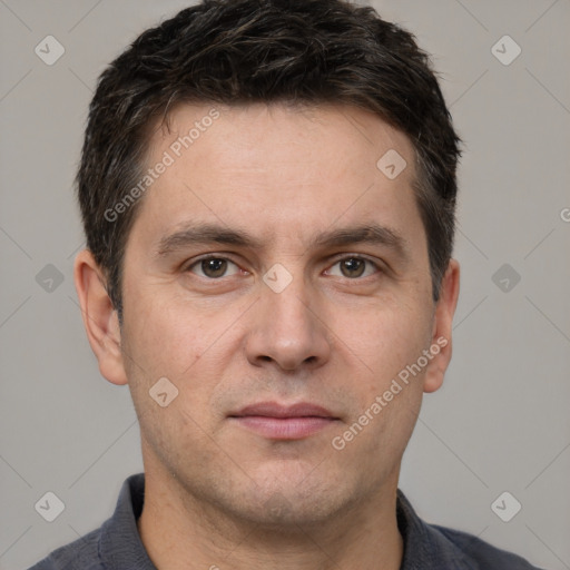 Neutral white adult male with short  brown hair and brown eyes