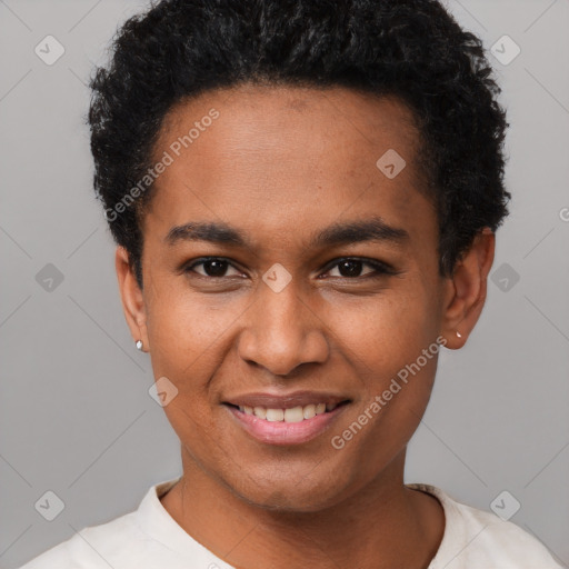 Joyful black young-adult male with short  brown hair and brown eyes