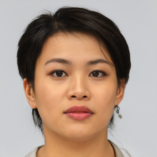 Neutral asian young-adult female with short  brown hair and brown eyes