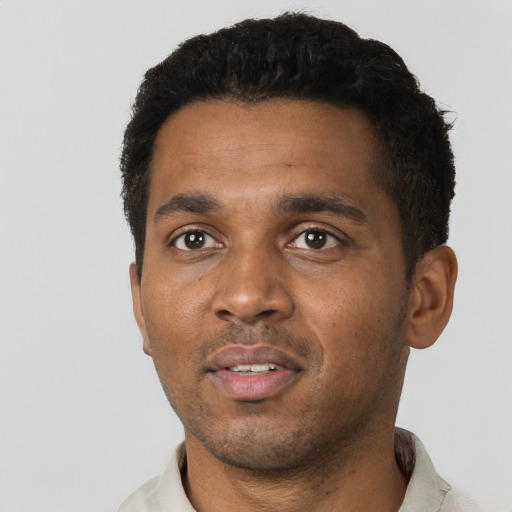 Neutral black young-adult male with short  black hair and brown eyes