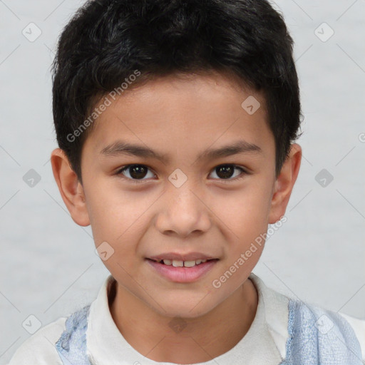 Joyful white child male with short  brown hair and brown eyes