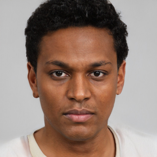 Neutral black young-adult male with short  black hair and brown eyes
