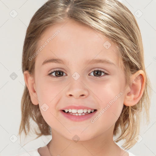 Joyful white child female with medium  brown hair and brown eyes