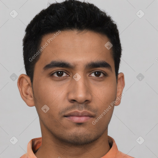 Neutral asian young-adult male with short  black hair and brown eyes